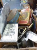 MIXED METAL WARES TO INCLUDE; VINTAGE TINS, PEWTER WINE FUNNEL AND FLATWARE, PLUS VINTAGE ELECTRIC