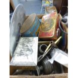 MIXED METAL WARES TO INCLUDE; VINTAGE TINS, PEWTER WINE FUNNEL AND FLATWARE, PLUS VINTAGE ELECTRIC