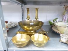 PAIR OF VICTORIAN BRASS CANDLESTICKS, A 'MADE IN CHINA' MARKED BRASS BOWL, TWO SMALLER DITTO, A