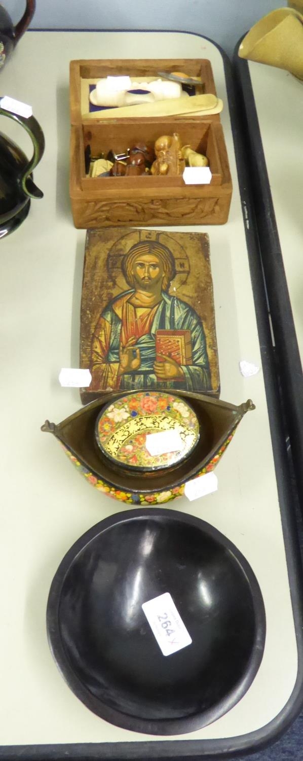 RUSSIAN LACQUERED PAPIER MACHE KOVSH AND PATCH BOX, MODERN ICON, NETSUKES AND MORE (QUANTITY)