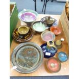 COLLECTION OF STUDIO POTTERY PLATES AND DISHES, CHAMBER-STICK, BOWL, SOME IN TREACLE GLAZE, OTHERS