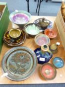 COLLECTION OF STUDIO POTTERY PLATES AND DISHES, CHAMBER-STICK, BOWL, SOME IN TREACLE GLAZE, OTHERS