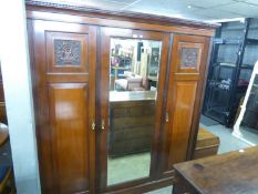 LARGE AESTHETICS RED WALNUT TRIPLE DOOR WARDROBE, WITH CENTRAL MIRRORED DOOR, OPENING TO REVEAL