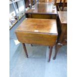 EARLY VICTORIAN MAHOGANY DROP-FLAP LADY'S WORK TABLE WITH TWO FRIEZE DRAWERS, STANDING ON TURNED AND