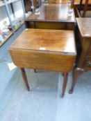 EARLY VICTORIAN MAHOGANY DROP-FLAP LADY'S WORK TABLE WITH TWO FRIEZE DRAWERS, STANDING ON TURNED AND