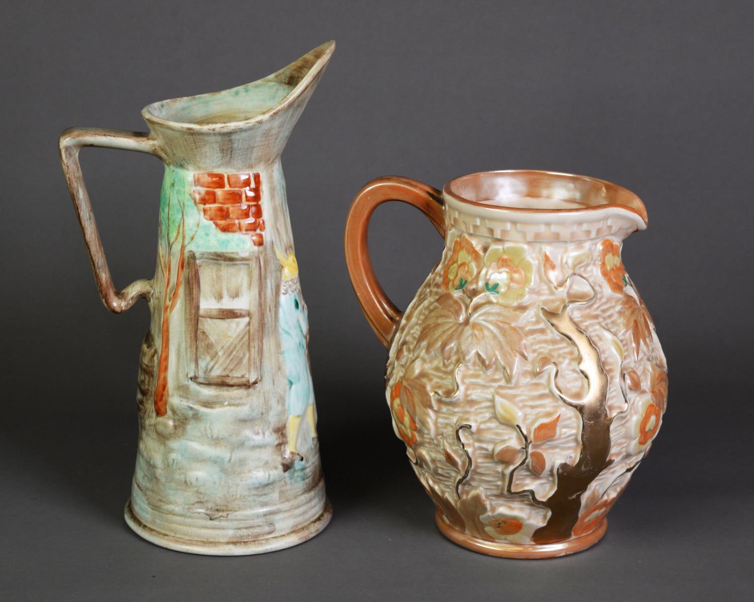 TWO H J WOOD MOULDED POTTERY JUGS, one of ovoid form, in the Indian Tree pattern, heightened in - Image 2 of 5