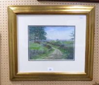 BRYAL ROE, OIL PASTEL OLD FARM TRACK WITH FIELDS AND SHEEP SOUTH YORKSHIRE FRAMED AND GLAZED