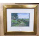 BRYAL ROE, OIL PASTEL OLD FARM TRACK WITH FIELDS AND SHEEP SOUTH YORKSHIRE FRAMED AND GLAZED