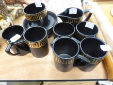 SUSAN WILLIAMS ELLIS DESIGN 'PORTMEIRION' POTTERY COFFEE SET FOR SIX PERSONS, BLACK WITH GREEK KEY