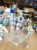 FIVE ORIENTAL CHINA FIGURES, PLASTER ALSATIAN DOG, STANDING ON STEPS, A MOULDED GLASS BOWL AND