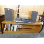 TEAK LOW STEREO UNIT, WITH SMALL QUANTITY OF LP RECORDS AND A SONY STEREO RECORD PLAYER AND SPEAKERS