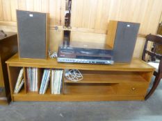 TEAK LOW STEREO UNIT, WITH SMALL QUANTITY OF LP RECORDS AND A SONY STEREO RECORD PLAYER AND SPEAKERS