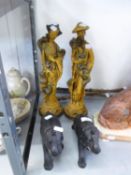 TWO IMITATION IVORY ORIENTAL FIGURES AND A PAIR OF BLACK POTTERY MODELS OF ELEPHANTS (4)