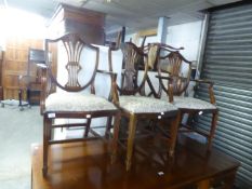 SET OF FIVE SHERATON STYLE SHIELD BACK DINING CHAIRS WITH WHEAT SHEAF SPLATS (2 + 3) (5)