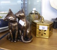 TWO BRASS CONTAINERS WITH LIDS AND A RESIN GROUP OF TWO CATS (3)