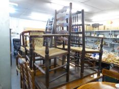 HARLEQUIN SET OF RUSH SEATED COUNTRY KITCHEN CHAIRS, INCLUDING; THREE LANCASHIRE BOBBIN BACK PLUS