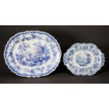 A LARGE ROGERS BLUE AND WHITE OVAL SERPENTINE MEAT PLATE, in the Athens pattern, depicting ruins and