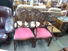 SET OF FOUR SHERATON STYLE SHIELD BACK DINING CHAIRS, WITH CARVED PRINCE OF WALES FEATHERS (2 +