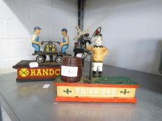 'TRICK DOG' AND 'HANDCAR', TWO PAINTED CAST IRON MONEY BOXES (2)