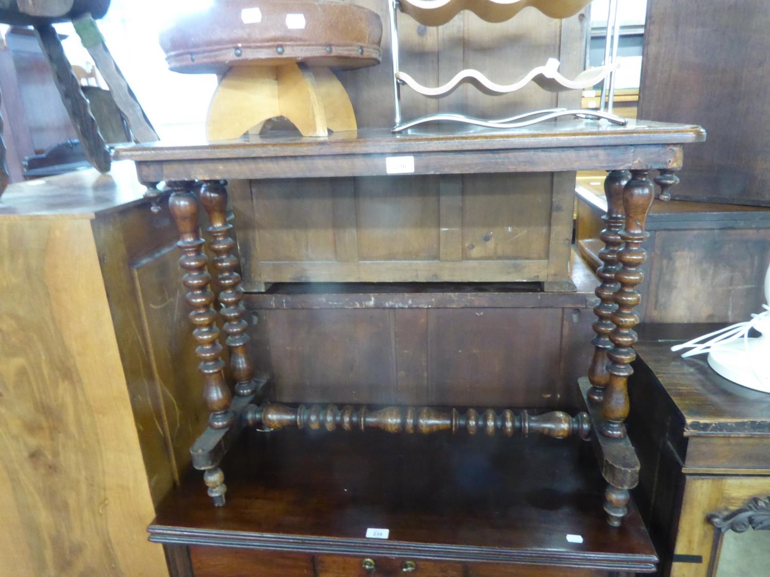 AN ANTIQUE OBLONG SIDE TABLE, WITH BOBBIN TURNED SUPPORTS