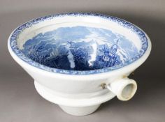 VICTORIAN BLUE AND WHITE POTTERY TOILET OR WASH BASIN BOWL, of conical form with later plate