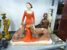 ART DECO PLASTER GROUP OF AN ELEGANT LADY AND TWO GREYHOUNDS, ON OVAL BASE