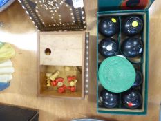 MOSAIC FOLDING CHESSBOARD AND CHESS PIECES AND A B & A. BOWLS 'THE INDOOR CARPET GAME'