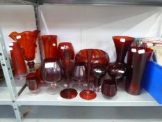 COLLECTION OF RUBY GLASS VASES, BOWLS, CANDLESTICKS, GLASSES ETC....