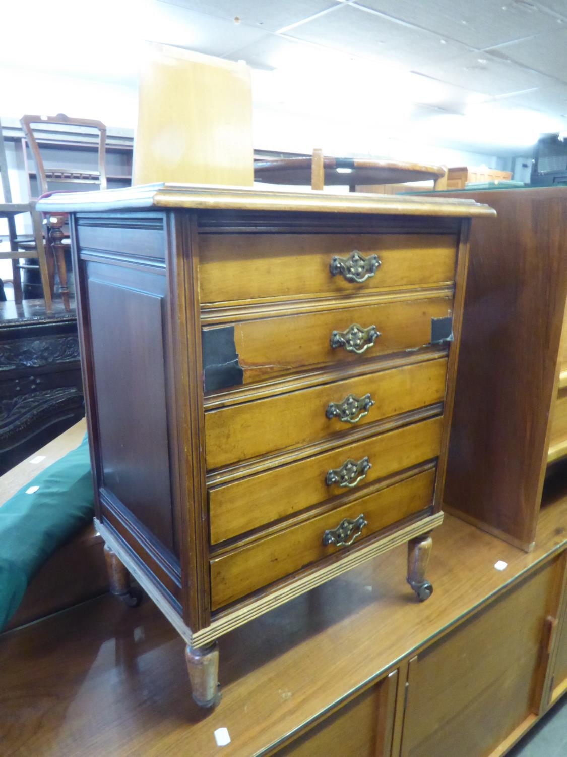 A SMALL MAHOGANY FIVE DRAWER SHEET MUSIC CABINET (1 DRAWER A.F.)