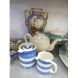 RIBBED CERAMIC TEAPOT, TWO PIECES OF CORNISH WARE DESIGN CERAMICS, PLUS LARGE NORITAKE VASE (4)