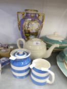 RIBBED CERAMIC TEAPOT, TWO PIECES OF CORNISH WARE DESIGN CERAMICS, PLUS LARGE NORITAKE VASE (4)