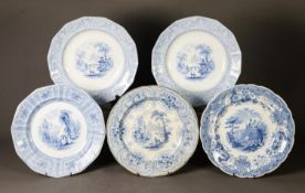 5 EARLY 19th CENTURY POWDER BLUE PEARLWARE PLATES, three by Podmore Walker & Co., Tunstall, '