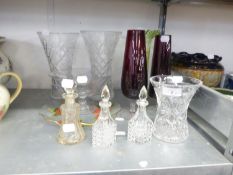 MID TWENTIETH CENTURY RUBY GLASS VASES, LEAD CRYSTAL WAISTED VASES, PRESSED GLASS CRUET, TRUMPET