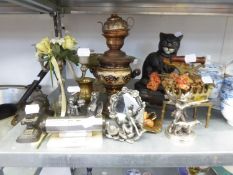 CAST IRON FLAT IRONS AND OTHER ITEMS TO INCLUDE; CAST IRON CAT DOOR STOP, A SLATE LOCOMOTIVE,