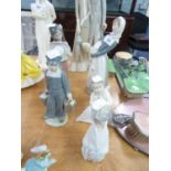 FIVE LLADRO FIGURES, WOMAN HOLDING A LAMB, GIRL HOLDING HER HAT, BOY CARRYING WATER BUCKETS,