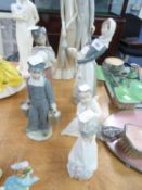 FIVE LLADRO FIGURES, WOMAN HOLDING A LAMB, GIRL HOLDING HER HAT, BOY CARRYING WATER BUCKETS,