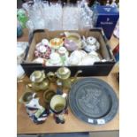 SELECTION OF CHINAWARE MOSTLY ODD TEACUPS & SAUCERS, TRIO'S ETC, ALSO A BRASS FOUR PIECE TEA &