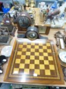 AN EDWARDIAN INLAID DOME TOPPED MANTEL CLOCK, 2 OTHER MANTEL CLOCKS, OAK FRAMED OCTAGONAL WALL