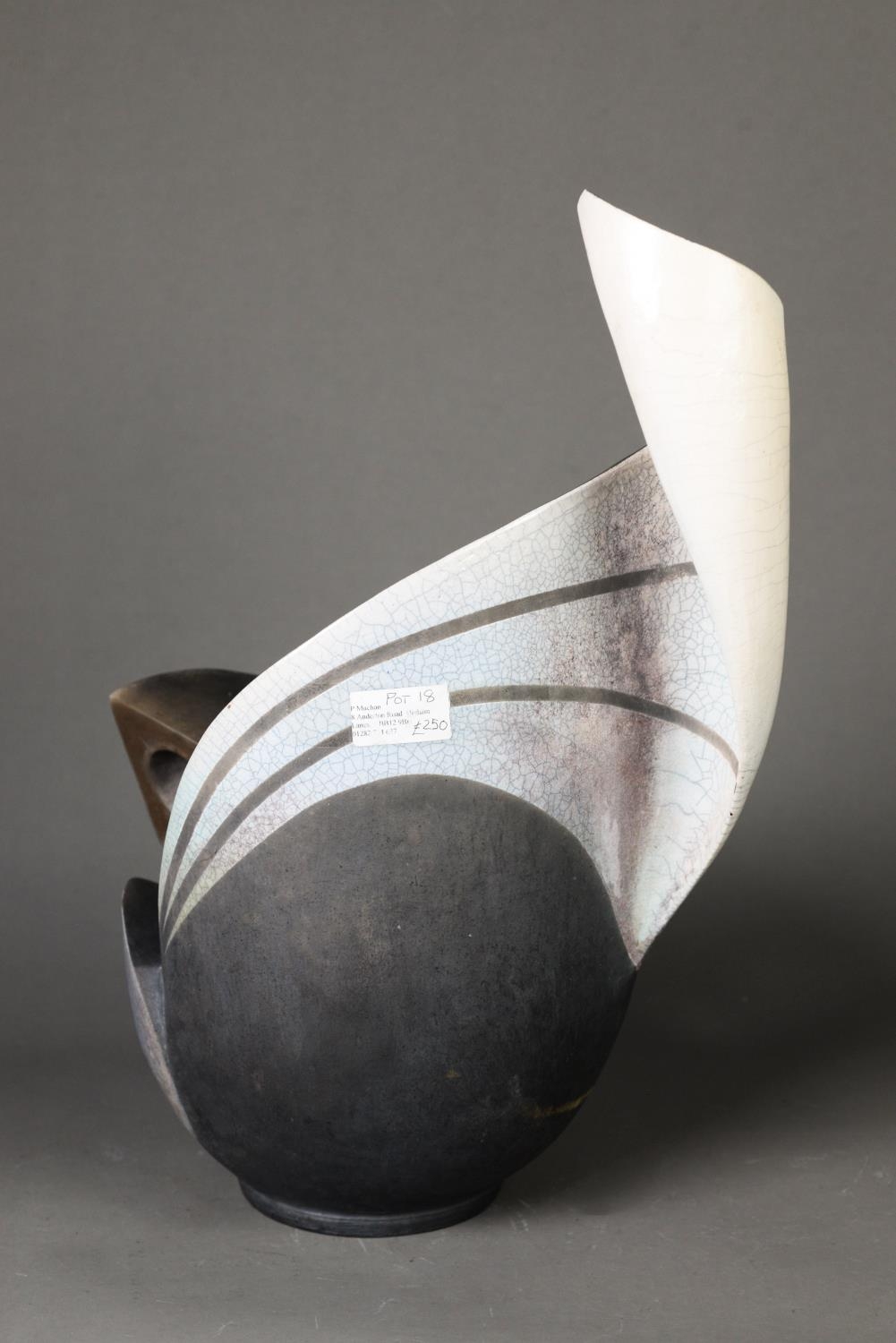 PAUL MUCHAN RAKU FIRED POTTERY SCULPTURE, ‘POT 18’, of organic form with bowl shaped base, 17” (43. - Image 3 of 4