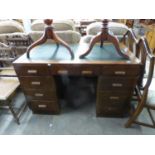 OAK ART DECO KNEEHOLE DESK WITH GREEN LEATHER INSET TOP HAVING 8 DRAWERS