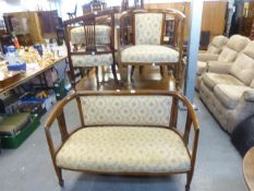 GEORGE V STAINED BEECH AND LINE INLAID PARLOUR SUITE, VIZ SOFA, TWO TUB CHAIRS AND FOOTSTOOL (4)