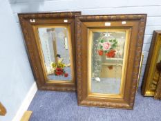 A PAIR OF PAINTED AND ETCHED WALL MIRRORS, ROSE DECORATION IN CARVED WOODEN FRAMES 32" X 21" (81.3