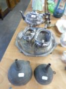 EDWARDIAN K.P.B.M. THREE PIECE TEA SERVICE, A PLEATED OCTAGONAL WAITER AND TWO PEWTER WINE