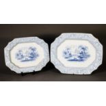 A GRADUATED PAIR OF 19TH CENTURY AURORA PATTERN SERPENTINE MEAT PLATES, in powder blue with the