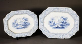 A GRADUATED PAIR OF 19TH CENTURY AURORA PATTERN SERPENTINE MEAT PLATES, in powder blue with the