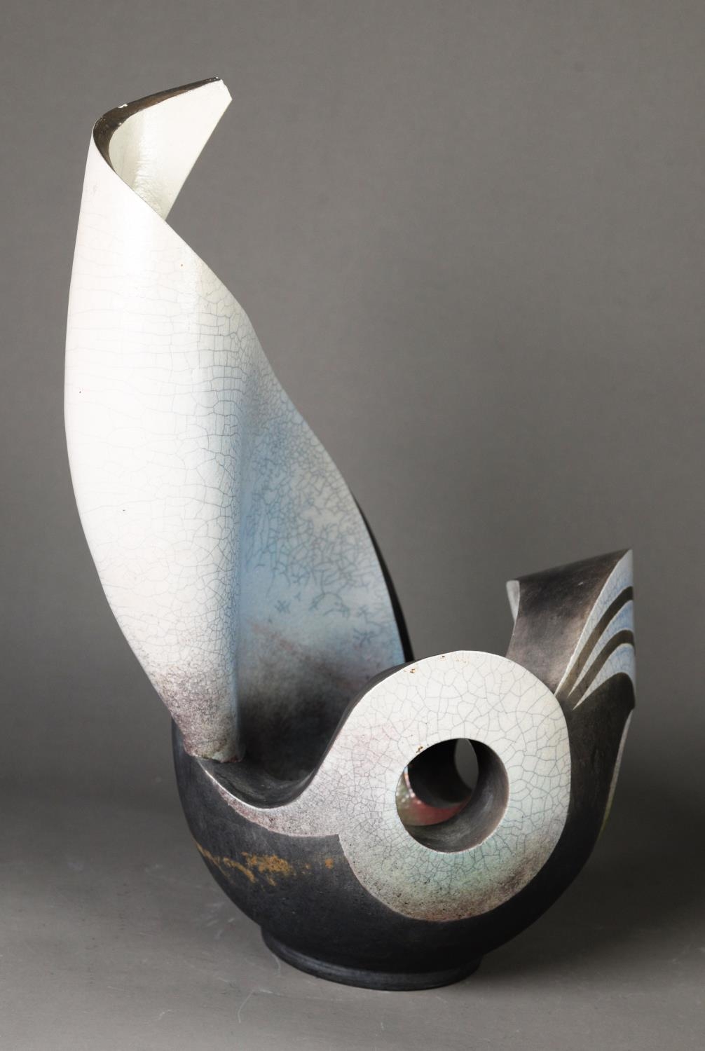 PAUL MUCHAN RAKU FIRED POTTERY SCULPTURE, ‘POT 18’, of organic form with bowl shaped base, 17” (43. - Image 2 of 4