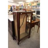 A SMALL SINGLE DOOR MAHOGANY DISPLAY CABINET, WITH TWO GLASS SHELVES (GLASS PANEL CRACKED)