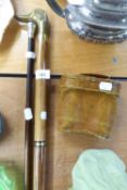 SILVER TOP SWAGGER STICK, BRASS TOP WALKING STICK AND A PAIR OF OPERA GLASSES (3)