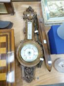 ANEROID BAROMETER, MILL SHUTTLE, AND MARTINGALE OF HORSE BRASSES (3)