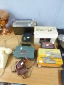 BOXED VINTAGE KITCHENALIA INCLUDING; A TRAVEL IRON, RADIO, HALINA CAMERA ETC.....